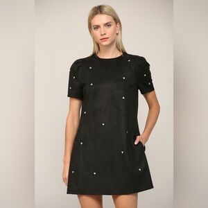 NEW W/ TAGS! Jewel Embellished Faux Suede Shift Dress w/ Pockets in Black NWT